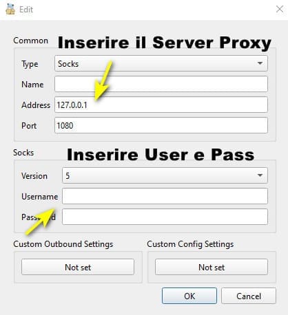SOCKS5 inserimento dati